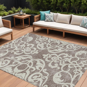 HomeRoots 5' Elegant Taupe and Ivory Damask Area Rug - Washable, Stain-Resistant, Indoor/Outdoor Style 10' X 14' 614466