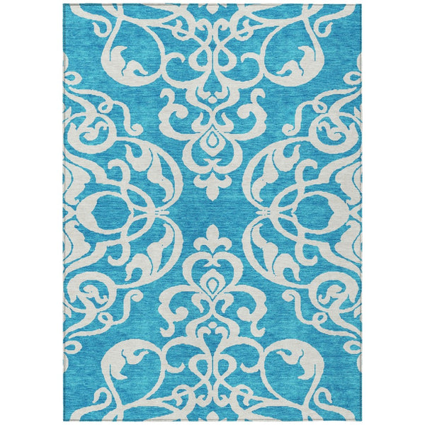 HomeRoots 5' Turquoise and Ivory Damask Rug - Stylish, Durable Washable Area Rug for Indoor and Outdoor Use 5' X 8' 614468