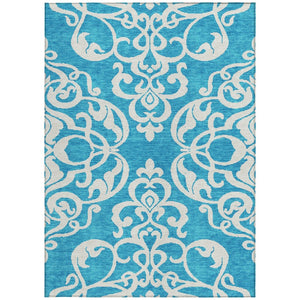 HomeRoots 5' Turquoise and Ivory Damask Rug - Stylish, Durable Washable Area Rug for Indoor and Outdoor Use 5' X 8' 614468