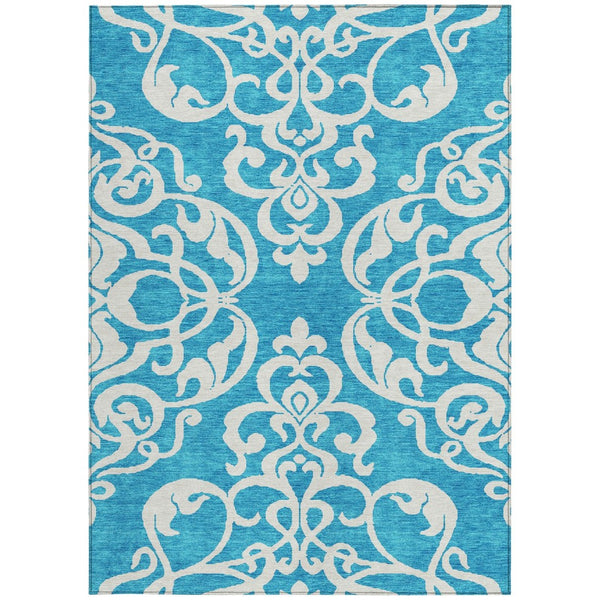 HomeRoots 5' Turquoise and Ivory Damask Rug - Stylish, Durable Washable Area Rug for Indoor and Outdoor Use 5' X 8' 614468