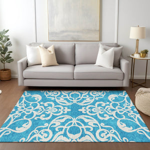 HomeRoots 5' Turquoise and Ivory Damask Rug - Stylish, Durable Washable Area Rug for Indoor and Outdoor Use 5' X 8' 614468