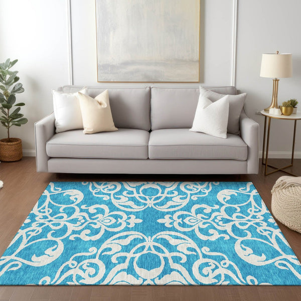HomeRoots 5' Turquoise and Ivory Damask Rug - Stylish, Durable Washable Area Rug for Indoor and Outdoor Use 5' X 8' 614468