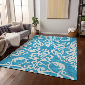 HomeRoots 5' Turquoise and Ivory Damask Rug - Stylish, Durable Washable Area Rug for Indoor and Outdoor Use 5' X 8' 614468