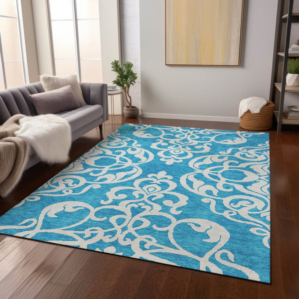 HomeRoots 5' Turquoise and Ivory Damask Rug - Stylish, Durable Washable Area Rug for Indoor and Outdoor Use 5' X 8' 614468