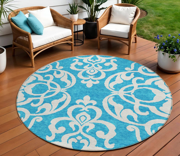 HomeRoots 5' Turquoise and Ivory Damask Rug - Stylish, Durable Washable Area Rug for Indoor and Outdoor Use 8' Round 614469