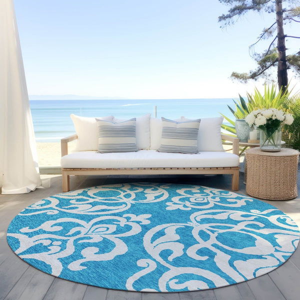 HomeRoots 5' Turquoise and Ivory Damask Rug - Stylish, Durable Washable Area Rug for Indoor and Outdoor Use 8' Round 614469