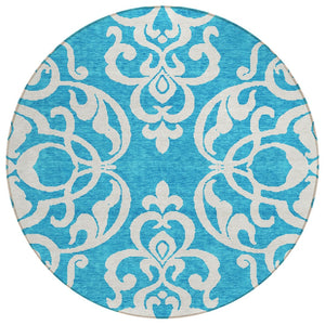 HomeRoots 5' Turquoise and Ivory Damask Rug - Stylish, Durable Washable Area Rug for Indoor and Outdoor Use 8' Round 614469