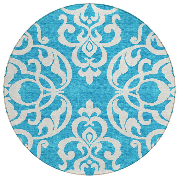 HomeRoots 5' Turquoise and Ivory Damask Rug - Stylish, Durable Washable Area Rug for Indoor and Outdoor Use 8' Round 614469