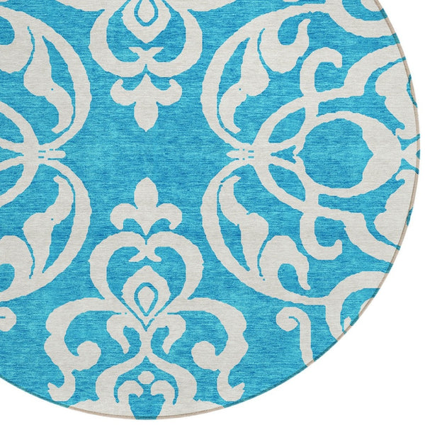 HomeRoots 5' Turquoise and Ivory Damask Rug - Stylish, Durable Washable Area Rug for Indoor and Outdoor Use 8' Round 614469