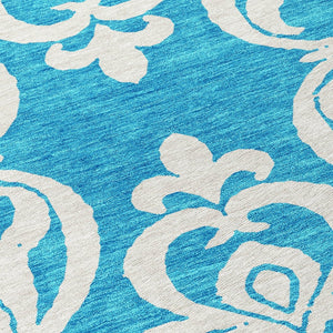 HomeRoots 5' Turquoise and Ivory Damask Rug - Stylish, Durable Washable Area Rug for Indoor and Outdoor Use 8' Round 614469