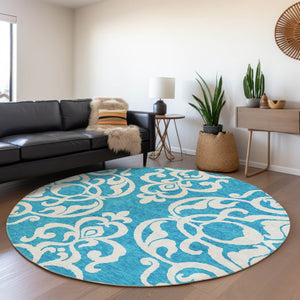 HomeRoots 5' Turquoise and Ivory Damask Rug - Stylish, Durable Washable Area Rug for Indoor and Outdoor Use 8' Round 614469