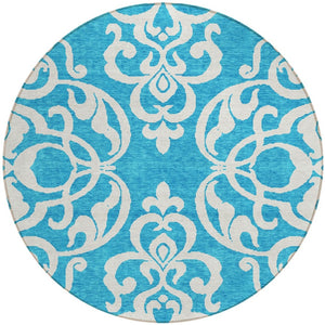HomeRoots 5' Turquoise and Ivory Damask Rug - Stylish, Durable Washable Area Rug for Indoor and Outdoor Use 8' Round 614469