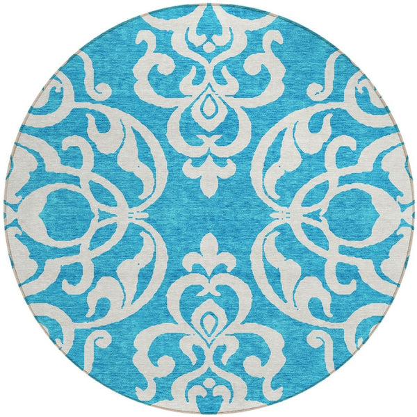 HomeRoots 5' Turquoise and Ivory Damask Rug - Stylish, Durable Washable Area Rug for Indoor and Outdoor Use 8' Round 614469