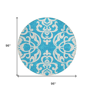 HomeRoots 5' Turquoise and Ivory Damask Rug - Stylish, Durable Washable Area Rug for Indoor and Outdoor Use 8' Round 614469