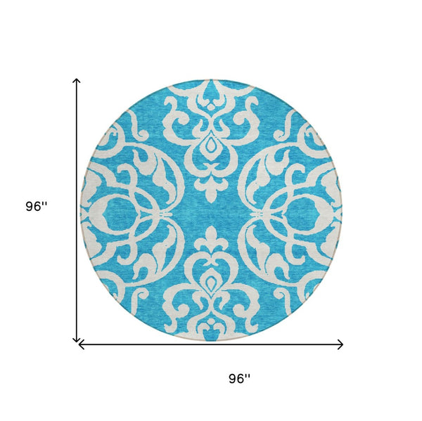 HomeRoots 5' Turquoise and Ivory Damask Rug - Stylish, Durable Washable Area Rug for Indoor and Outdoor Use 8' Round 614469