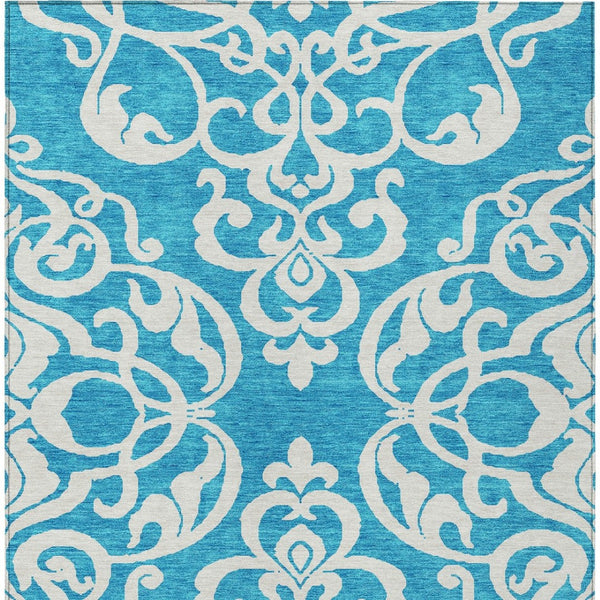 HomeRoots 5' Turquoise and Ivory Damask Rug - Stylish, Durable Washable Area Rug for Indoor and Outdoor Use 8' X 10' 614470