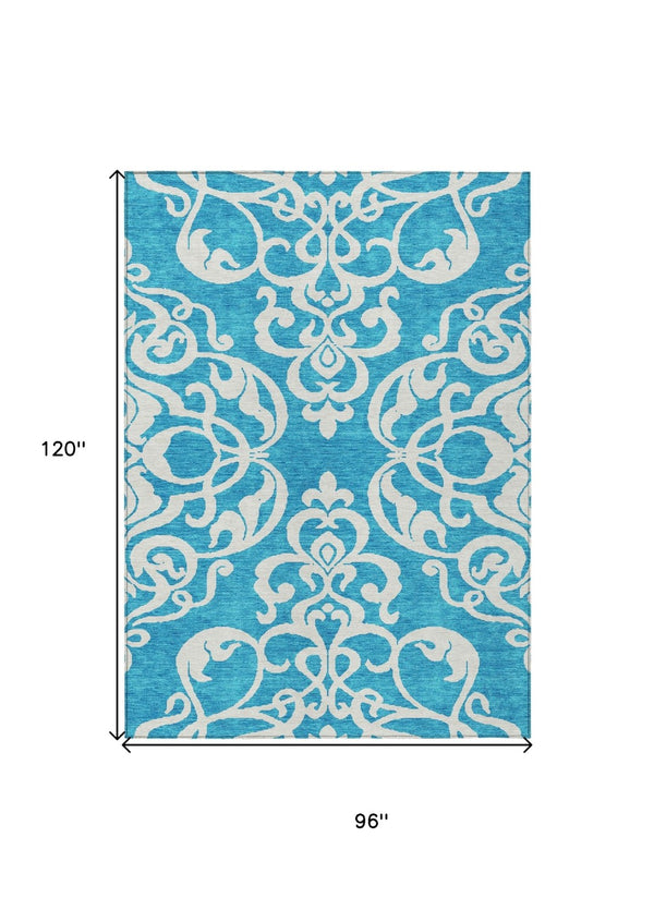 HomeRoots 5' Turquoise and Ivory Damask Rug - Stylish, Durable Washable Area Rug for Indoor and Outdoor Use 8' X 10' 614470