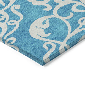 HomeRoots 5' Turquoise and Ivory Damask Rug - Stylish, Durable Washable Area Rug for Indoor and Outdoor Use 8' X 10' 614470
