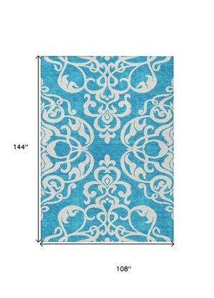 HomeRoots 9' X 12' Turquoise and Ivory Damask Area Rug - Stylish, Washable, Durable for Indoor/Outdoor Use! 614471