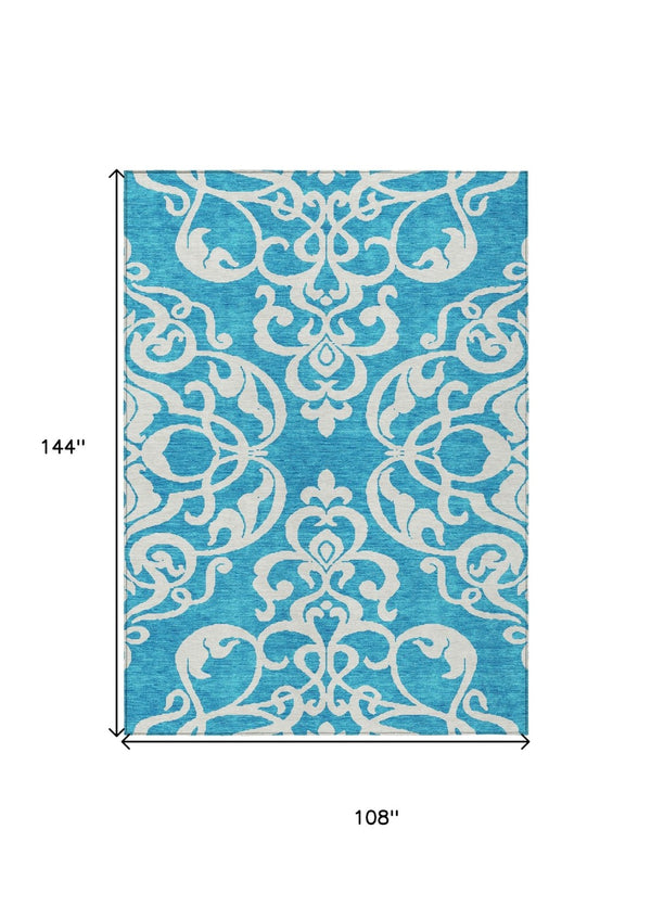 HomeRoots 9' X 12' Turquoise and Ivory Damask Area Rug - Stylish, Washable, Durable for Indoor/Outdoor Use! 614471