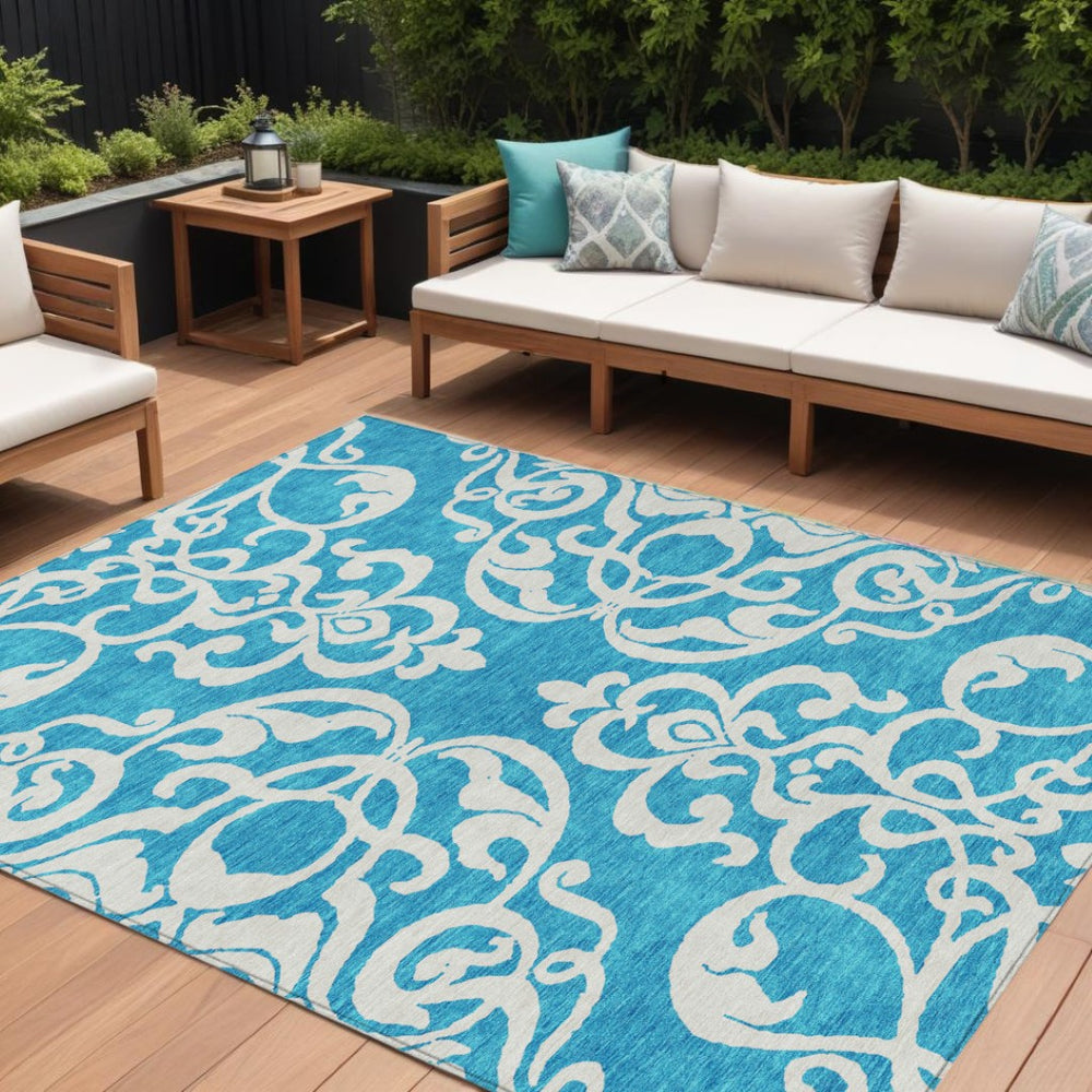 HomeRoots 9' X 12' Turquoise and Ivory Damask Area Rug - Stylish, Washable, Durable for Indoor/Outdoor Use! 614471