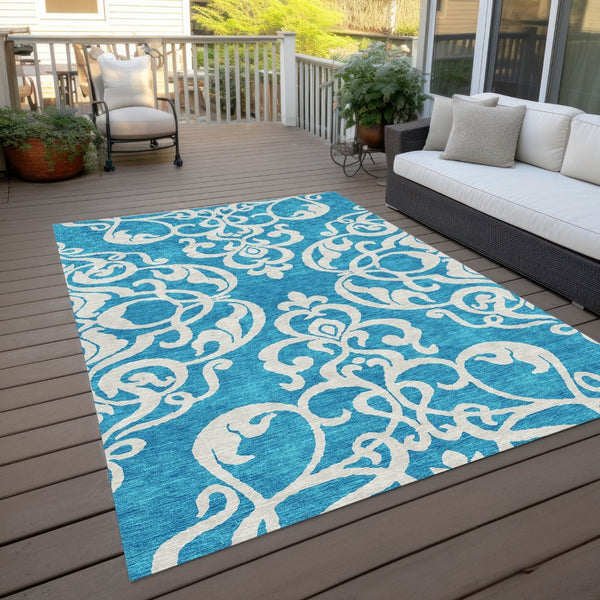 HomeRoots 9' X 12' Turquoise and Ivory Damask Area Rug - Stylish, Washable, Durable for Indoor/Outdoor Use! 614471