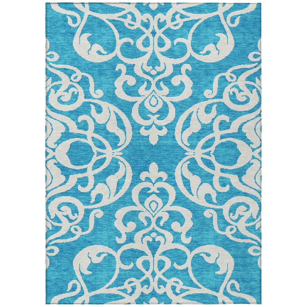 HomeRoots 9' X 12' Turquoise and Ivory Damask Area Rug - Stylish, Washable, Durable for Indoor/Outdoor Use! 614471