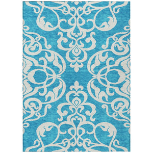 HomeRoots 9' X 12' Turquoise and Ivory Damask Area Rug - Stylish, Washable, Durable for Indoor/Outdoor Use! 614471