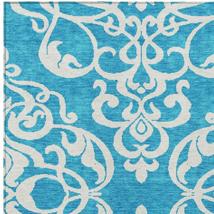 HomeRoots 9' X 12' Turquoise and Ivory Damask Area Rug - Stylish, Washable, Durable for Indoor/Outdoor Use! 614471