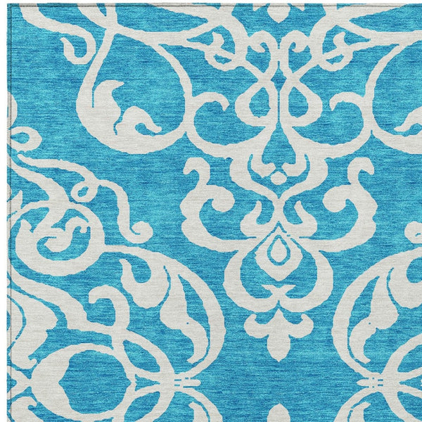 HomeRoots 9' X 12' Turquoise and Ivory Damask Area Rug - Stylish, Washable, Durable for Indoor/Outdoor Use! 614471