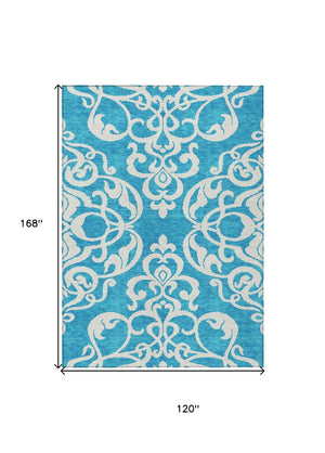 HomeRoots 5' Turquoise and Ivory Damask Rug - Stylish, Durable Washable Area Rug for Indoor and Outdoor Use 10' X 14' 614472