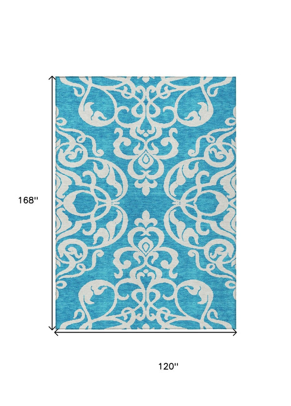 HomeRoots 5' Turquoise and Ivory Damask Rug - Stylish, Durable Washable Area Rug for Indoor and Outdoor Use 10' X 14' 614472
