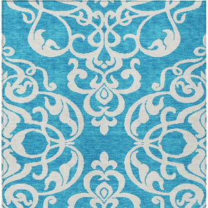 HomeRoots 5' Turquoise and Ivory Damask Rug - Stylish, Durable Washable Area Rug for Indoor and Outdoor Use 10' X 14' 614472