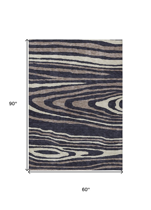 HomeRoots 5' Faux Bois Washable Area Rug in Black, Taupe & Beige - Durable Indoor/Outdoor Design for All Spaces 5' X 8' 614474