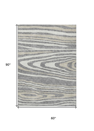 HomeRoots 5' Faux Bois Washable Area Rug in Gray, Ivory & Beige - Durable, Stylish for Indoor & Outdoor Use 5' X 8' 614480