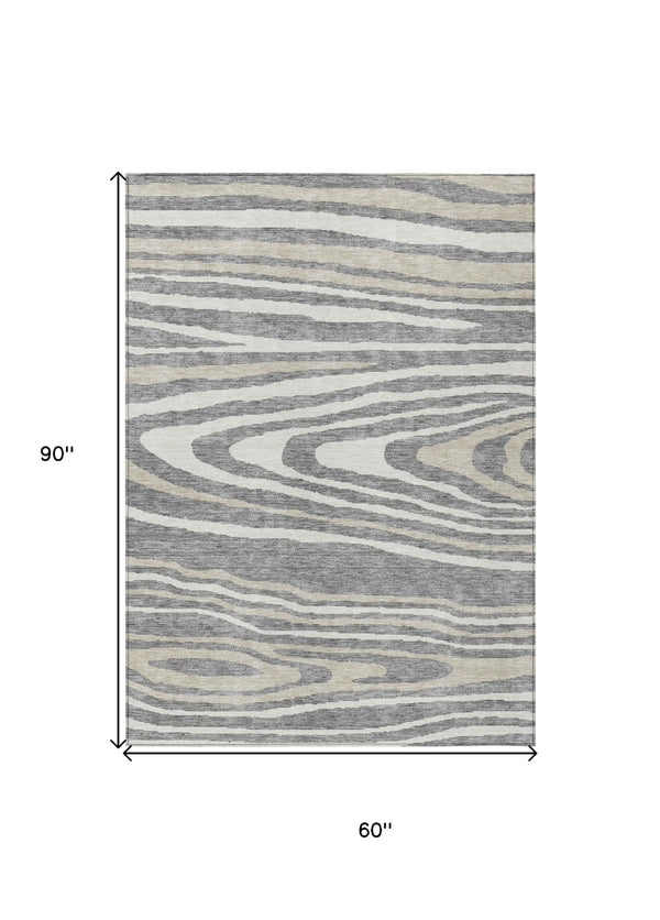 HomeRoots 5' Faux Bois Washable Area Rug in Gray, Ivory & Beige - Durable, Stylish for Indoor & Outdoor Use 5' X 8' 614480