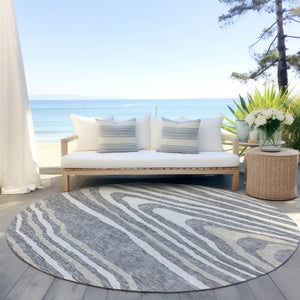 HomeRoots 5' Faux Bois Washable Area Rug in Gray, Ivory & Beige - Durable, Stylish for Indoor & Outdoor Use 8' Round 614481