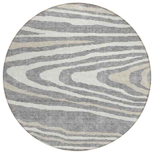 HomeRoots 5' Faux Bois Washable Area Rug in Gray, Ivory & Beige - Durable, Stylish for Indoor & Outdoor Use 8' Round 614481