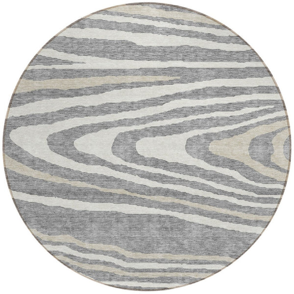 HomeRoots 5' Faux Bois Washable Area Rug in Gray, Ivory & Beige - Durable, Stylish for Indoor & Outdoor Use 8' Round 614481