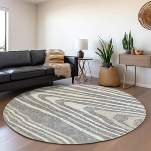 HomeRoots 5' Faux Bois Washable Area Rug in Gray, Ivory & Beige - Durable, Stylish for Indoor & Outdoor Use 8' Round 614481