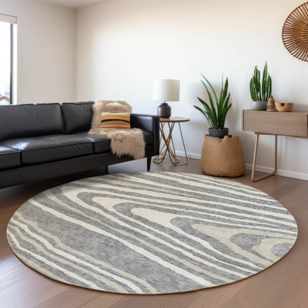 HomeRoots 5' Faux Bois Washable Area Rug in Gray, Ivory & Beige - Durable, Stylish for Indoor & Outdoor Use 8' Round 614481