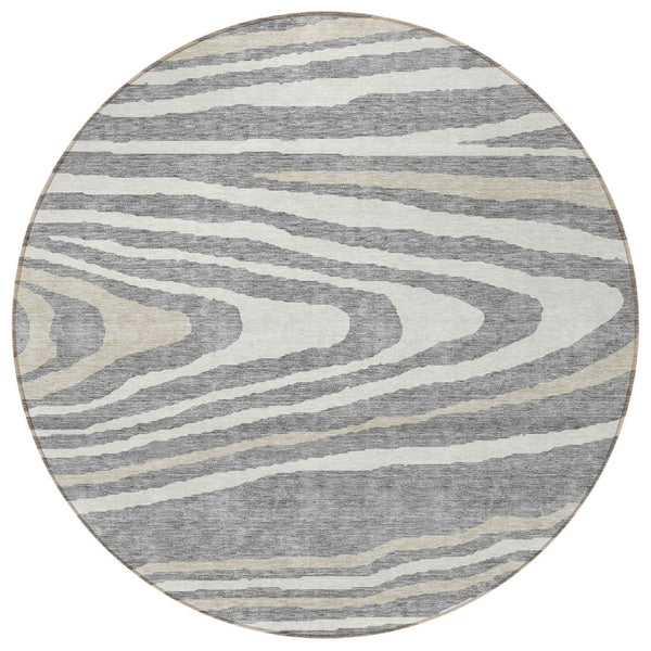 HomeRoots 5' Faux Bois Washable Area Rug in Gray, Ivory & Beige - Durable, Stylish for Indoor & Outdoor Use 8' Round 614481