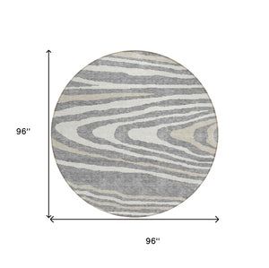 HomeRoots 5' Faux Bois Washable Area Rug in Gray, Ivory & Beige - Durable, Stylish for Indoor & Outdoor Use 8' Round 614481