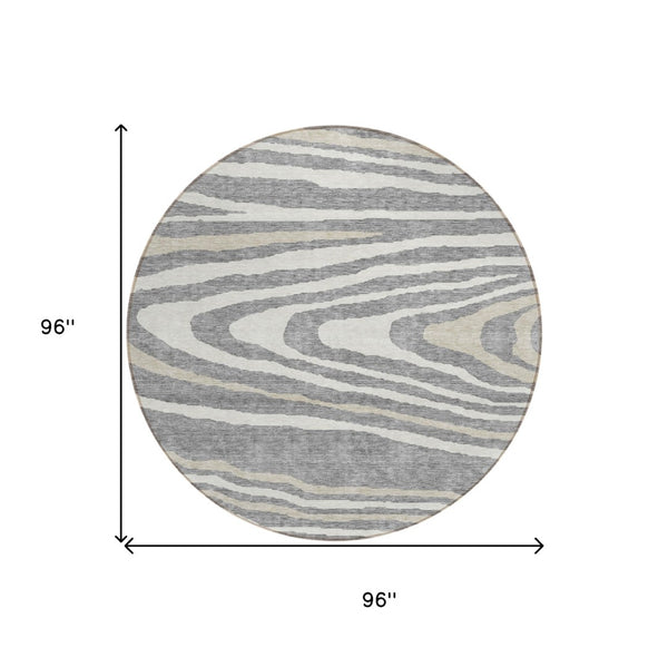 HomeRoots 5' Faux Bois Washable Area Rug in Gray, Ivory & Beige - Durable, Stylish for Indoor & Outdoor Use 8' Round 614481