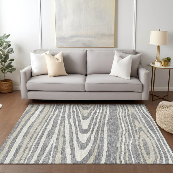 HomeRoots 5' Faux Bois Washable Area Rug in Gray, Ivory & Beige - Durable, Stylish for Indoor & Outdoor Use 8' X 10' 614482