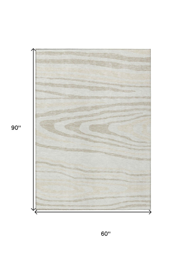 HomeRoots 5' Stylish Ivory Beige Taupe Faux Bois Washable Area Rug for Indoor and Outdoor Spaces, Durable Design 5' X 8' 614486