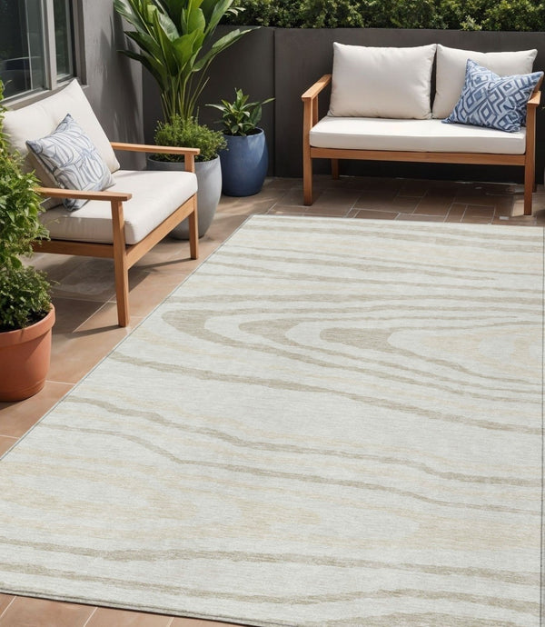 HomeRoots 5' Stylish Ivory Beige Taupe Faux Bois Washable Area Rug for Indoor and Outdoor Spaces, Durable Design 5' X 8' 614486