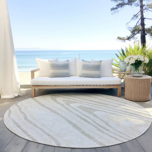 HomeRoots 5' Stylish Ivory Beige Taupe Faux Bois Washable Area Rug for Indoor and Outdoor Spaces, Durable Design 8' Round 614487