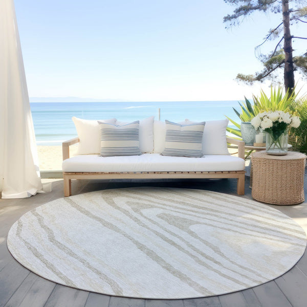 HomeRoots 5' Stylish Ivory Beige Taupe Faux Bois Washable Area Rug for Indoor and Outdoor Spaces, Durable Design 8' Round 614487