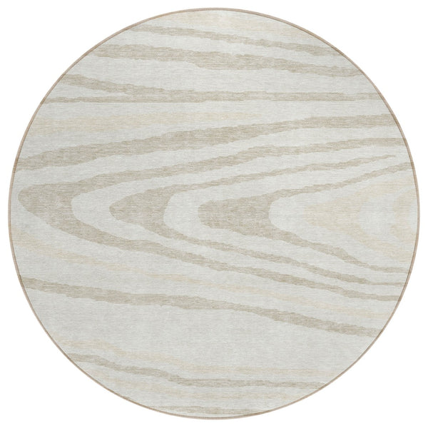 HomeRoots 5' Stylish Ivory Beige Taupe Faux Bois Washable Area Rug for Indoor and Outdoor Spaces, Durable Design 8' Round 614487